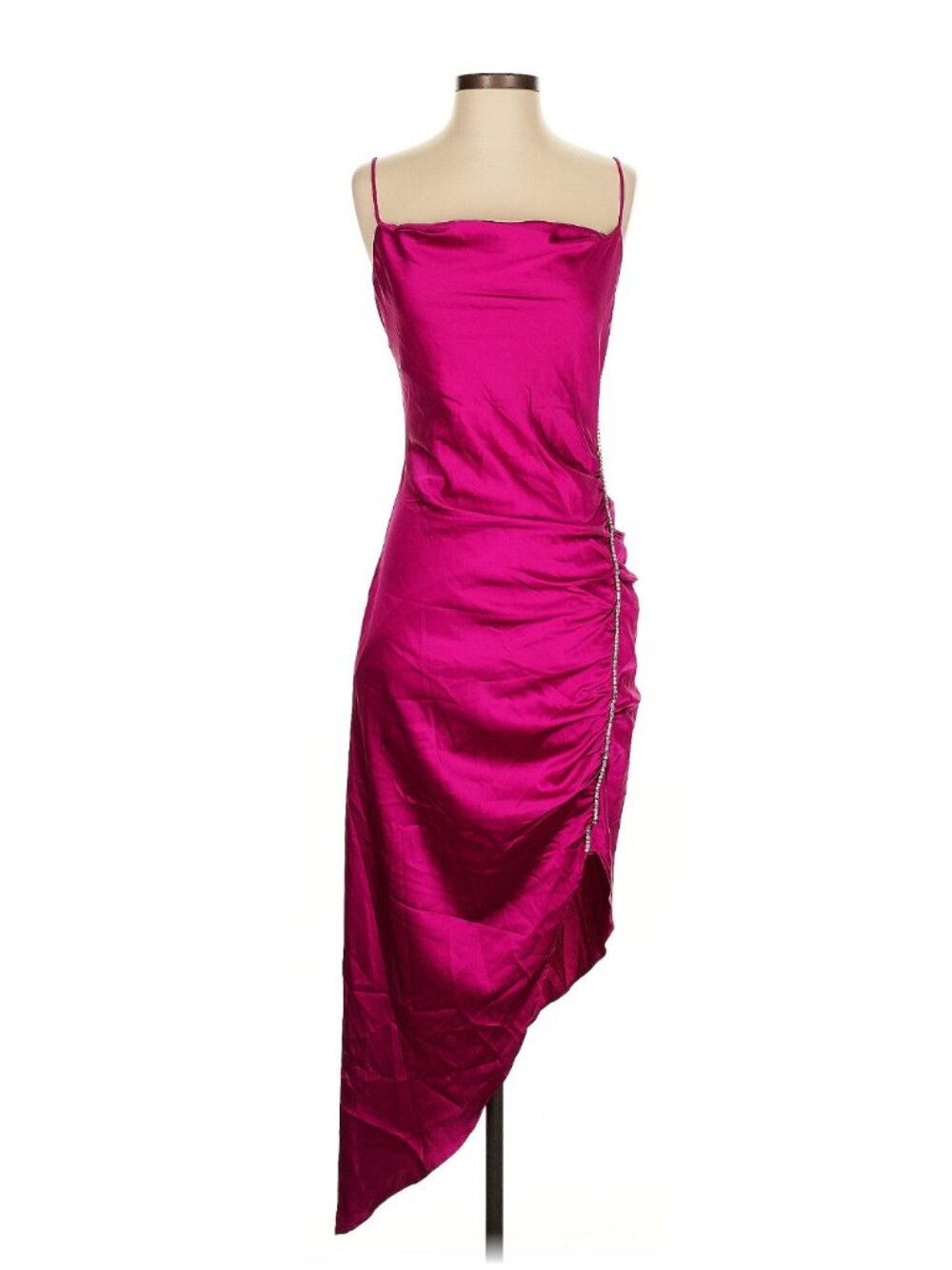 ASTR The Label Fuchsia Satin Rhinestone Asymmetrical Midi Dress S